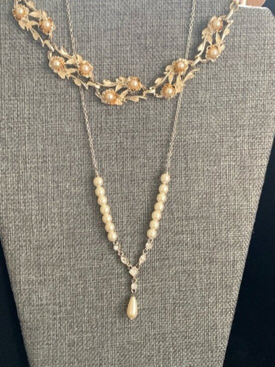 Jewelry - Two faux pearl necklaces - 1 vint goldtone floral 13” & 1 silvertone modern 18”